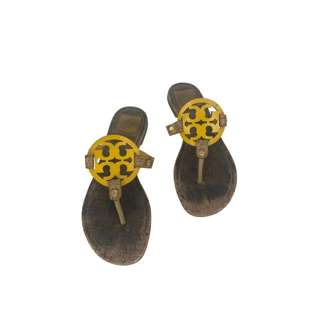 Tory Burch Miller Patent Leather Sandals Yellow Tan Size 8